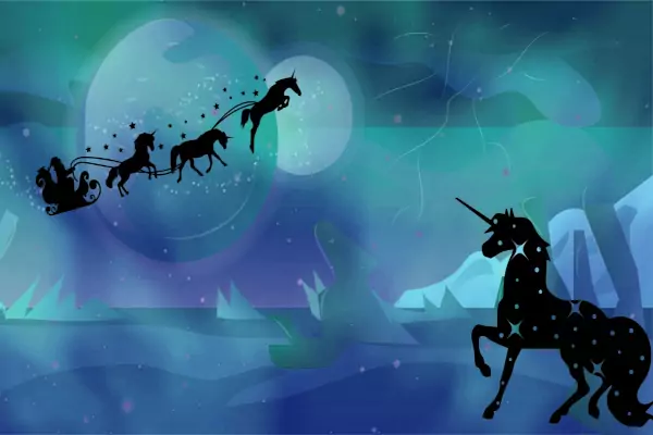 Un unicornio observa el trineo de Papá Noel tirado por unicornios