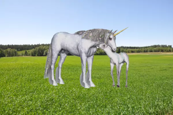 Un bebÃ© unicornio con su madre en un prado