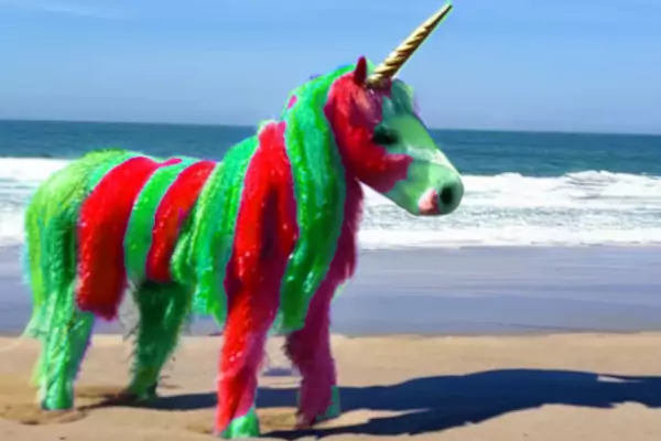 Un alegre unicornio de colores en la playa