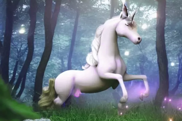 Un unicornio saltando en el bosque