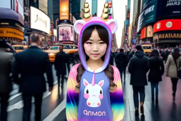 Una niña con una sudadera de moda unicornio en Nueva York